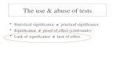 The use & abuse of tests Statistical significance ≠ practical significance Significance ≠ proof of effect (confounds) Lack of significance ≠ lack of effect.