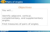 Holt McDougal Geometry 1-4 Pairs of Angles You will… Identify adjacent, vertical, complementary, and supplementary angles. Find measures of pairs of angles.