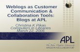 Weblogs as Customer Communication & Collaboration Tools: Blogs at APL Christina K Pikas Computers in Libraries March 22, 2006.