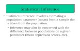 Statistical Inference Statistical Inference involves estimating a population parameter (mean) from a sample that is taken from the population. Inference.