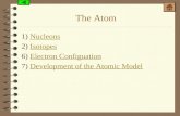 The Atom 1) NucleonsNucleons 2) IsotopesIsotopes 6) Electron ConfiguationElectron Configuation 7) Development of the Atomic ModelDevelopment of the Atomic.