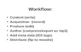 Workflow: Content (write) Acquisition (record) Produce (edit) Author (compress/export as mp3) Add meta data (ID3 tags) Distribute (ftp to moodle)