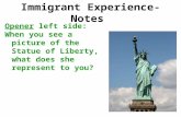 Immigrant Experience- Notes Opener left side: When you see a picture of the Statue of Liberty, what does she represent to you?