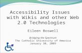 Accessibility Issues with Wikis and other Web 2.0 Technologies Eileen Boswell Bridging the Spectrum The Catholic University of America January 30, 2009.