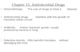 Chapter 15: Antimicrobial Drugs ChemotherapyThe use of drugs to treat a disease Antimicrobial drugsInterfere with the growth of microbes within a host.
