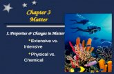Chapter 3 Matter I. Properties & Changes in Matter  Extensive vs. Intensive  Physical vs. Chemical.