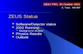ZEUS Status DESY PRC, 30 October 2002 E. Tassi, NIKHEF Software/Detector status 2002 Running: 2002 Running: Background studies Background studies Physics.
