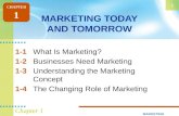 MARKETING 1 Chapter 1 MARKETING TODAY AND TOMORROW 1-1What Is Marketing? 1-2Businesses Need Marketing 1-3Understanding the Marketing Concept 1-4The Changing.