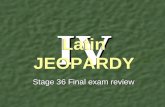 IV Stage 36 Final exam review Latin JEOPARDY Verbs Latin to English EnglishGrammarGrammar Latin Idioms and Phrases Latin Idioms and PhrasesRomanculture.