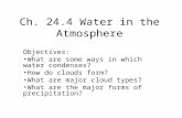 Ch. 24.4 Water in the Atmosphere Objectives: What are some ways in which water condenses? How do clouds form? What are major cloud types? What are the.
