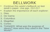 BELLWORK Continue this week’s bellwork on last week’s paper. Use pgs. 212-217. Explain the importance of each explorer: 1.Dias 2.De Gama 3.Columbus 4.Magellan.