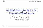 Doc.: IEEE 802.11-01/274 Submission May 2001 John M. Kowalski et al, Sharp. AV Multicast for 802.11e: Benefits/Challenges Sharp Corporation John Kowalski.
