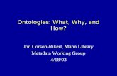 Ontologies: What, Why, and How? Jon Corson-Rikert, Mann Library Metadata Working Group 4/18/03.