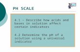 4.1 – Describe how acids and bases in solution affect certain indicators 4.2 Determine the pH of a solution using a universal indicator PH SCALE.