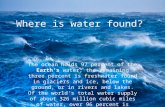 Where is water found? The ocean holds 97 percent of the Earth's water; the remaining three percent is freshwater found in glaciers and ice, below the ground,