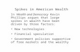 Spikes in American Wealth In Wealth and Democracy Kevin Phillips argues that large spikes in wealth have been driven by three factors: New technologies.