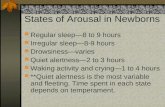 States of Arousal in Newborns Regular sleep—8 to 9 hours Irregular sleep—8-9 hours Drowsiness—varies Quiet alertness—2 to 3 hours Waking activity and crying—1.