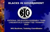 1 NATIONAL DELEGATES ASSEMBLY TEAM CREDENTIALS COMMITTEE TRAINING 2015 WG Buckner, Training Coordinator BLACKS IN GOVERNMENT.