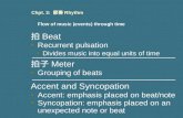 Chpt. 3: 節奏 Rhythm Flow of music (events) through time Divides music into equal units of time Recurrent pulsation 拍 Beat Grouping of beats 拍子 Meter Accent: