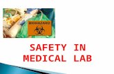 SAFETY IN MEDICAL LAB.  Biohazard ◦ An agent of biological origin that has the capacity to produce deleterious effects on humans, animals, plants and.
