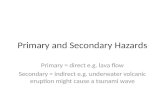 Primary and Secondary Hazards Primary = direct e.g. lava flow Secondary = indirect e.g. underwater volcanic eruption might cause a tsunami wave.