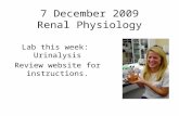7 December 2009 Renal Physiology Lab this week: Urinalysis Review website for instructions.