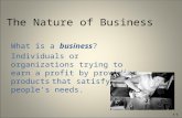 The Nature of Business What is a business? Individuals or organizations trying to earn a profit by providing products that satisfy people's needs. 1-1.