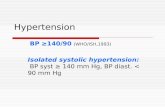 Hypertension BP ≥140/90 (WHO/ISH,1993) Isolated systolic hypertension: BP syst ≥ 140 mm Hg, BP diast. < 90 mm Hg.