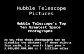 Hubble Telescope Pictures Hubble Telescope's Top Ten Greatest Space Photographs As you view these photographs try to visualize the distance of these objects.