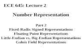 Number Representation Part 2 Fixed-Radix Signed Representations Floating Point Representations Little-Endian vs. Big-Endian Representations Galois Field.