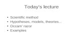 Today’s lecture Scientific method Hypotheses, models, theories... Occam' razor Examples.