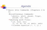 Agenda Basic Unix Commands (Chapters 2 & 3) Miscellaneous Commands: whereis, which, whoami, finger, passwd, cal, date Working with Files: cat, more, less.