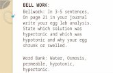 BELL WORK: Bellwork: In 3-5 sentences, On page 21 in your journal write your egg lab analysis. State which solution was hypertonic and which was hypotonic.