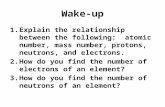 Wake-up 1.Explain the relationship between the following: atomic number, mass number, protons, neutrons, and electrons. 2.How do you find the number of.