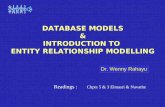 DATABASE MODELS & INTRODUCTION TO ENTITY RELATIONSHIP MODELLING Dr. Wenny Rahayu Readings : Chpts 5 & 3 Elmasri & Navathe.