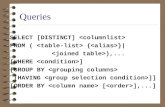 Queries SELECT [DISTINCT] FROM ( { }| ),... [WHERE ] [GROUP BY [HAVING ]] [ORDER BY [ ],...]