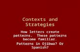 Contexts and Strategies How letters create patterns. These patterns become familiar. Patterns in Ojibwa? Or Spanish?