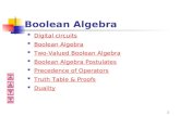 1 Boolean Algebra  Digital circuits Digital circuits  Boolean Algebra Boolean Algebra  Two-Valued Boolean Algebra Two-Valued Boolean Algebra  Boolean.