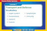 Lesson 1 Reading Guide - Vocab organ system homeostasis nutrient Calorie Transport and Defense lymphocyte immunity.