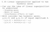 1.15 Linear superposition applied to two harmonic waves Can use the idea of linear superposition to understand –Standing waves –Beats in sound –Interference.