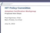 HIT Policy Committee Adoption Certification Workgroup Proposed Next Steps Paul Egerman, Chair Marc Probst, Co-Chair July 21, 2010.