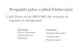 Prepaids (also called Deferrals) Cash flows occur BEFORE the revenue or expense is recognized Revenues Down Payments Unearned rent Deposits Expenses Prepaid.