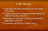 Cell Theory The cell is the basic structural and functional unit of life The cell is the basic structural and functional unit of life Organismal activity.