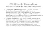 CS263 Lec. 2: Three- schema architecture for database development Conceptual Schema (during the Analysis phase) is a detailed specification of the overall.