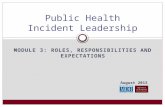 August 2015 MODULE 3: ROLES, RESPONSIBILITIES AND EXPECTATIONS Public Health Incident Leadership.