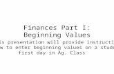 Finances Part I: Beginning Values This presentation will provide instruction on how to enter beginning values on a student’s first day in Ag. Class.