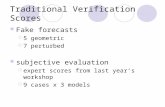 Traditional Verification Scores Fake forecasts  5 geometric  7 perturbed subjective evaluation  expert scores from last year’s workshop  9 cases x.
