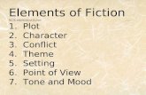 Elements of Fiction NCTE elements of fiction 1. Plot 2. Character 3. Conflict 4. Theme 5. Setting 6. Point of View 7. Tone and Mood NCTE elements of fiction.