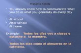 You already know how to communicate what you do or what you generally do every day  At school  After school  At home Example: Todos los días voy a.