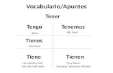 Vocabulario/Apuntes Tengo Tiene Tienes Tenemos Tienen I have They have/ You guys have/you all have We have He has/she has/ You (formal) have You have Tener.